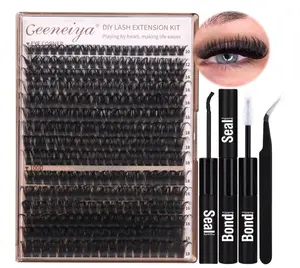 Geeneiya Volume Lash Clusters Kit DIY Lash Extension Kit D Eyelash Extensions with Lash Bond and Seal Tweezers,10-14mm Eye Corner Eyelashes and 16-18MM Cluster Lashes 300Pcs
