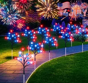 Solar five-pointed star ground stake lights (set of 5), patriotic outdoor pathway lights, IP65 waterproof, July 4th solar light set, easy installation, flexible branch design, suitable for Independence Day party decorations, balconies, camping, and landsc