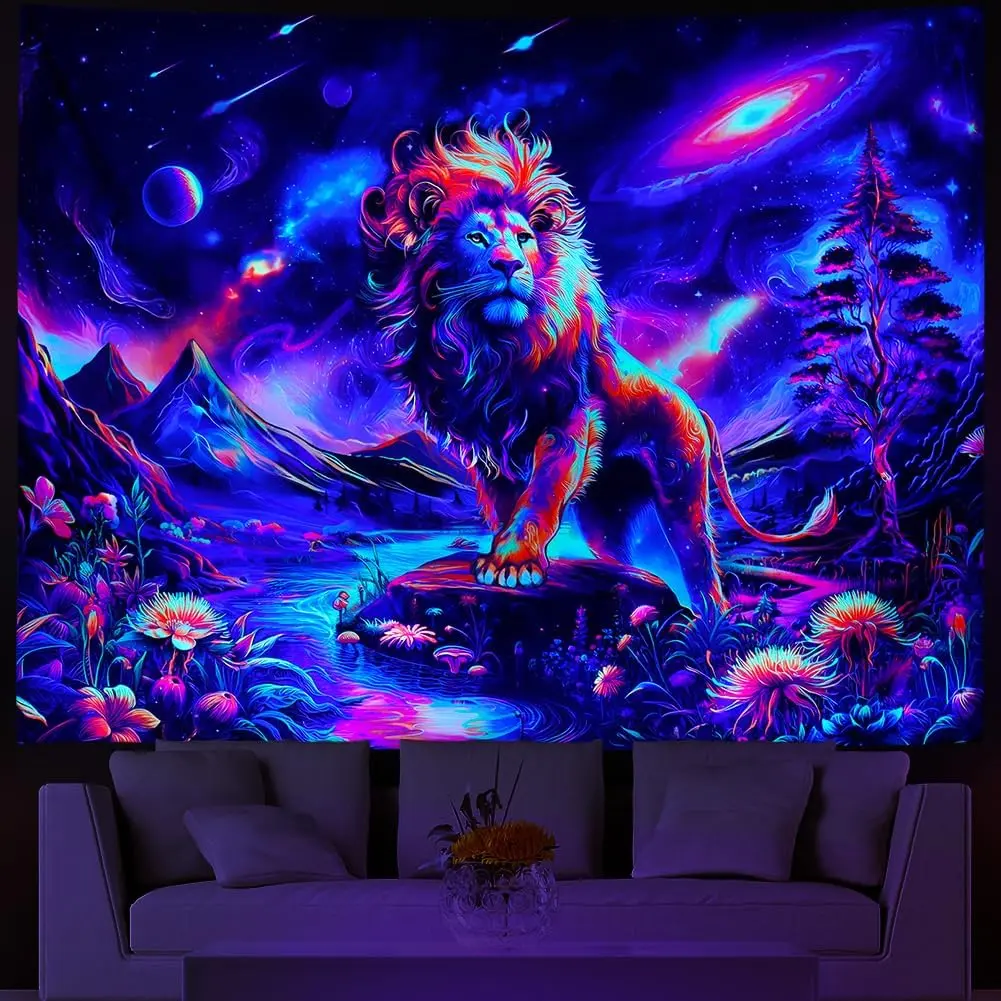 Blacklight Lion Tapestry Galaxy Space Tapestries UV Reactive Mountain Wall Decor Hippie Neon Flowers Plants Wall Tapestries Magic River Landscape Wall Hanging for Living Room Peach