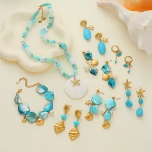 Unisex Stainless Steel Gold-Tone Shell & Turquoise-Inspired Ocean Beach Jewelry Set - Drop Earrings, Heart Accents for Summer Vacation Fashion Accessories