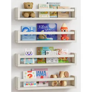 Floating Nursery Wall Book Shelves Set of 4, Wall Bookshelf for Kids Room, White Wood Hanging Book Shelf for Baby Toddler Children Boy Girl Bedroom, Toy and Decor Storage