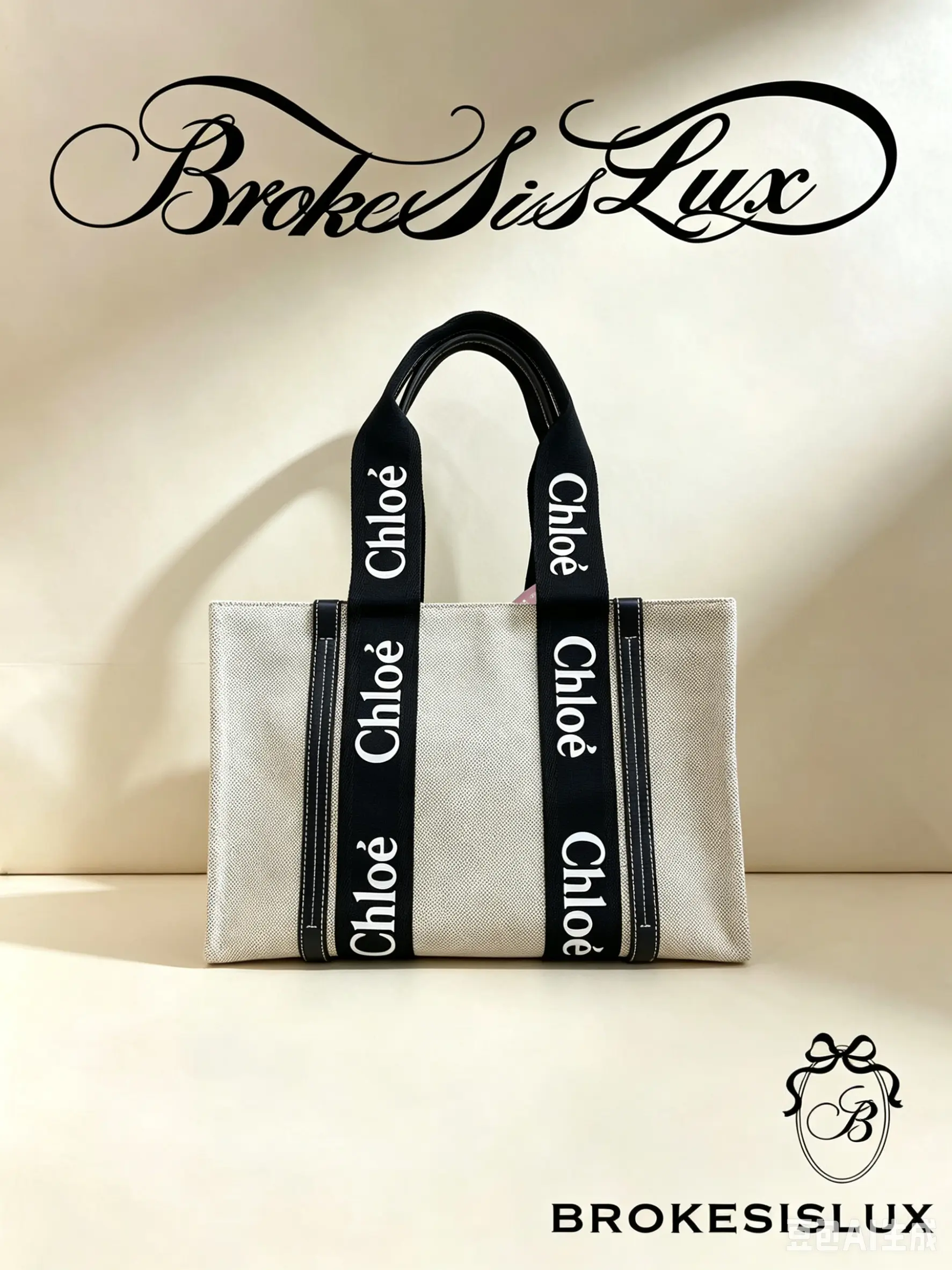 Pre-owned Chloé Woody Beige Canvas Tote Bag Logo Webbing Large Capacity Vacation Travel Shopping Casual Daily Shoulder Handbag
