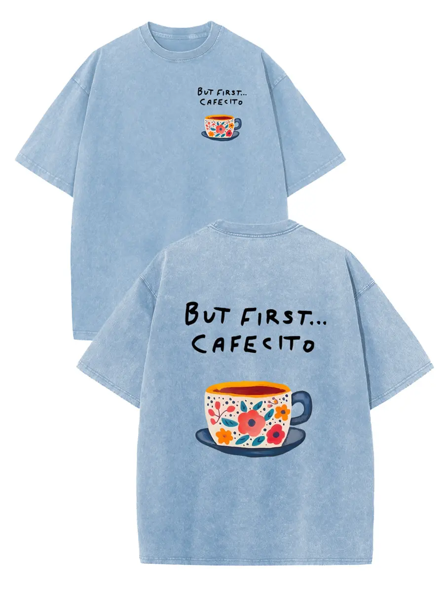 Women's Vintage Acid Washed Graphic T-Shirt, Casual Coffee Print Shortsleeve Top with Drop Shoulder and Round Neck for Thanksgiving, Style, Lady, Tshirt, Women's Fashion, Everyday, Fit, Shirts