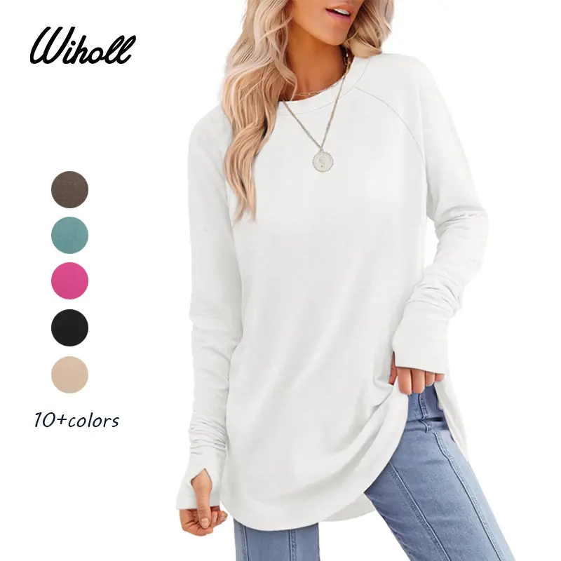 WIHOLL Women's Casual Tunic Tops to Wear with Leggings, Long Sleeve Round Neck Spandex Shirt with Thumb Holes and Curved Hem