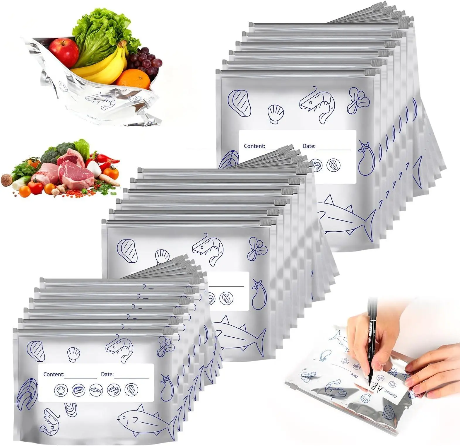 Thickened Reusable Aluminium Sealing Storage Bags with Washable Labels & Zipper Locks - 30/60/90 PCS Airtight Insulated Containers, Home Organizers for Kitchen Produce, Food Cover, Ideal Holiday Gift with Insulation & Organization Ideas