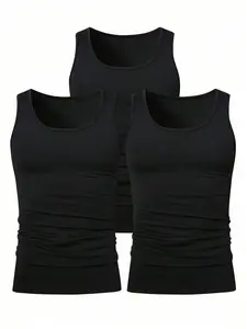 3-Pack Men's Plain Sleeveless Shirt Lightweight High Elasticity Polyester Athletic Tank Top Soft Muscle Cut Undershirt for Gym Workout & Daily Wear Yoga Sports Vest