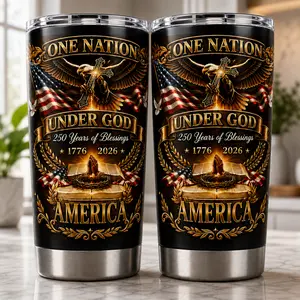 ShinyKT One Nation Under God America Tumbler - Happy Independence Day 20oz Stainless Steel Water Bottles - July 4th Tumbler Gift - 250 Years of Blessings Patriotic Cup