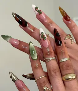 HelenNails – Autumn Stiletto Press On Nails | Custom French Tip Acrylic Nail Set with Dots | Brown Fall Nail Art Look – HL423