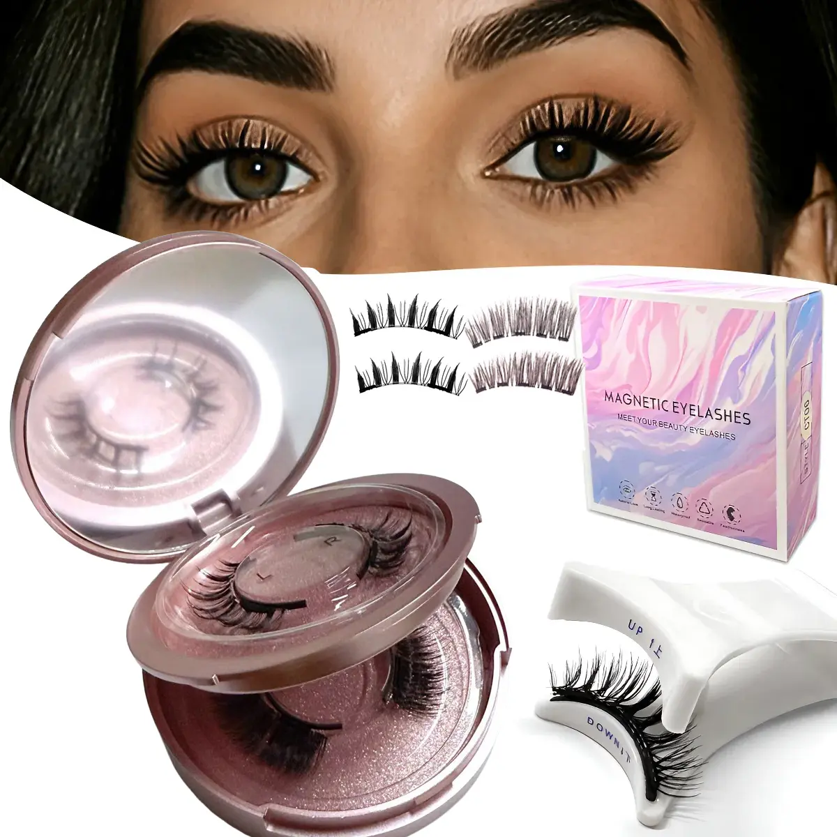 2pcs Reusable Magnetic Lash Cluster Kit for Adults - 100% Glue-Free, Gentle Hypoallergenic D Curl Artificial Fiber False Lashes, Lightweight Natural Wispy, Nature-Infused, Salon-Quality Applicator Included, Mixed Thickness