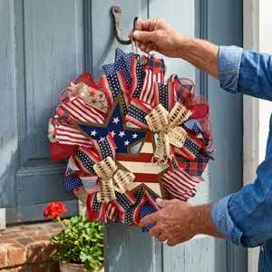 Patriotic Burlap Berries Wreath 13.77inch for Front Door, Indoor & Outdoor, Independence Day Wreath for Home Decor