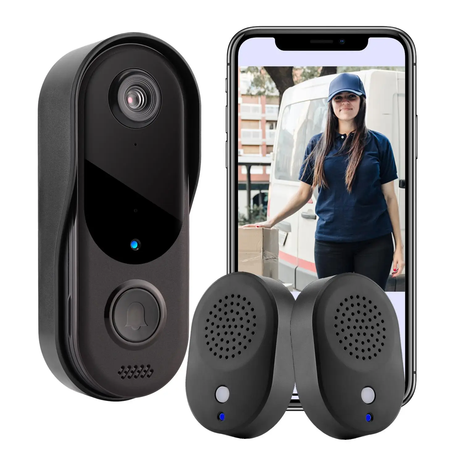 HD Smart Security Camera Doorbell with 2 Black Indoor Chimes, Easy to Install 2.4G Hz WiFi Intelligent Visual Doorbell, Two-Way Talking & Weatherproof