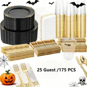 Zerulis 175 PCS Black And Gold Plastic Plates, Elegant Plastic Dinnerware Set For 25 Guests, 50 Heavy Duty Plates, 75 Silverware, 25 Cups, 25 Napkins For Party, Halloween, Graduation