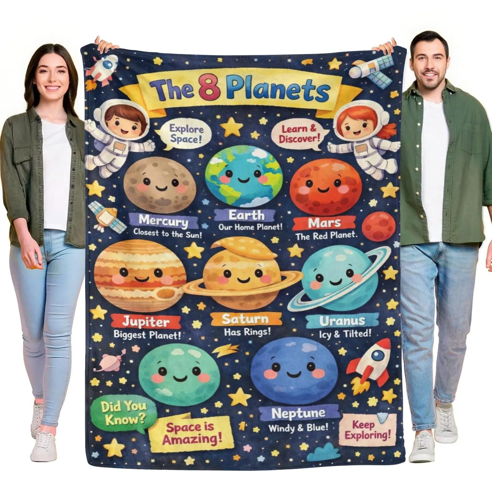 Flannel Throw Blanket The 8 Planets Educational Space Poster Astronaut Cartoon Dark Starry Background Kids Learning Science Blanket