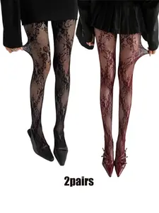 Women's High Elasticity Fit Fishnet Stockings Tights, Floral & Wine Colors, Perfect for Spring & Fall Daily Wear, Comfortable Design