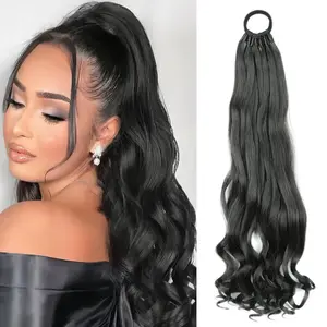 Curly Braided Ponytail Extensions with Hair Ties for Women,Synthetic Straight Wrap Around Pony tail Extension 20inch-Black