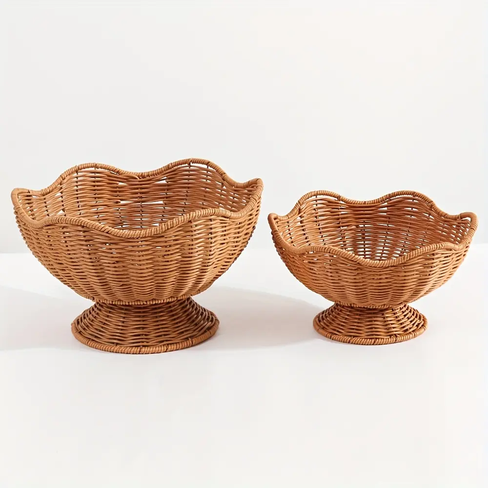 2pcs Woven Fruit Basket Set with Lace Base, Plastic Open-Top Storage Bins for Living Room Coffee Table, Dining Table, and Desktop Organization, Vegetable Basket, Storage Basket, Scalloped Basket
