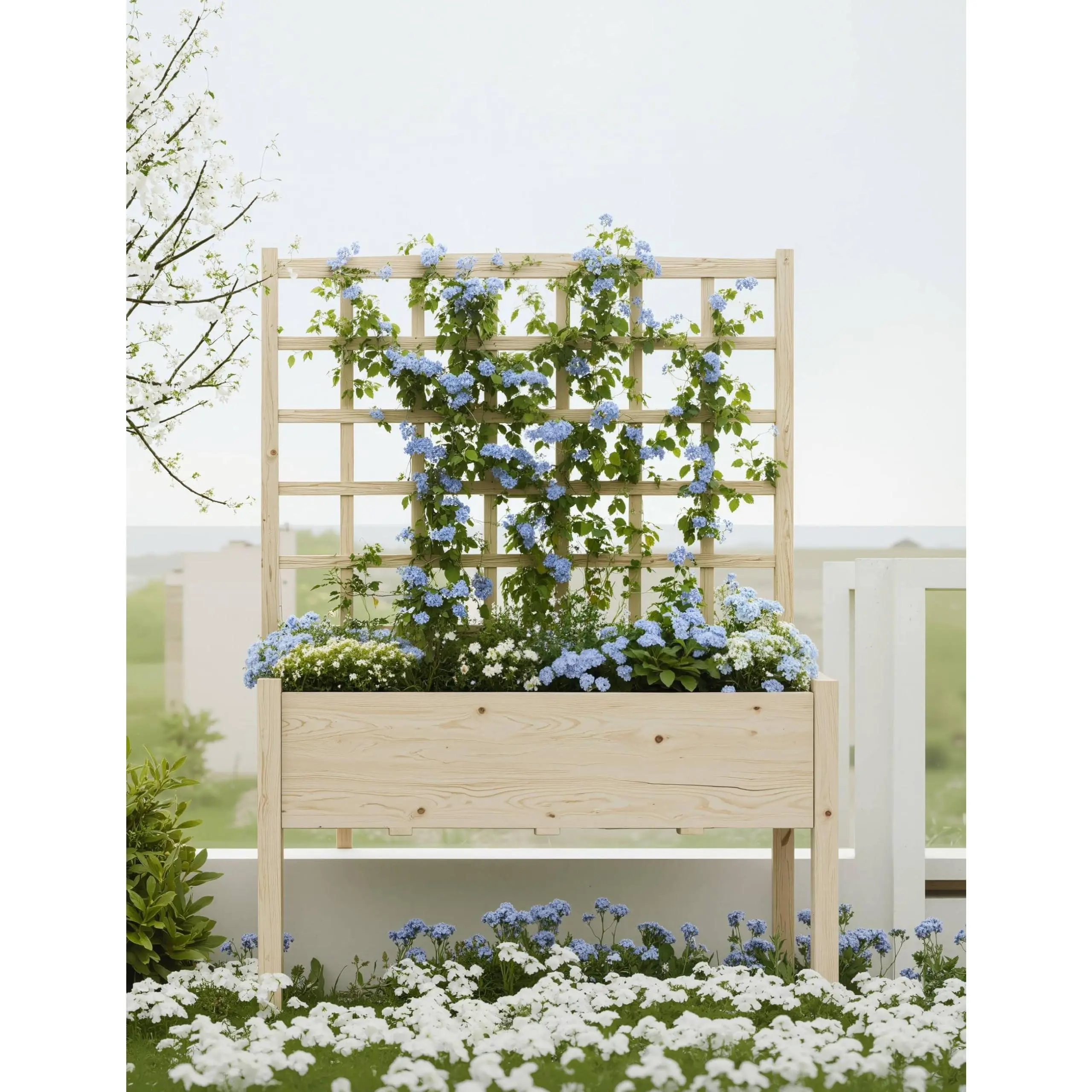 65-Inch Tall Cedar Wooden Raised Garden Bed Kit with Trellis, Legs, Liner, Pest Protection - 118cm x 59cm Ergonomic Height Elevated Planter for Seniors, Outdoor Patio Climbing Plants, Vegetables