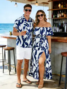 2026 Vacation Couple Outfit Women's Leaf Patten Off the Shoulder Slit Long Dress and Men's Button Up Shirt Set Shortsleeve