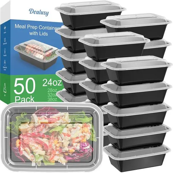 Dealusy 50 Pack (100-Piece) 24 oz Meal Prep Containers Reusable with Lids | Sturdy Leakproof & Food Safe, Microwave, Freezer, Dishwasher Safe Prep Containers, To Go Take Out Plastic Food Storage