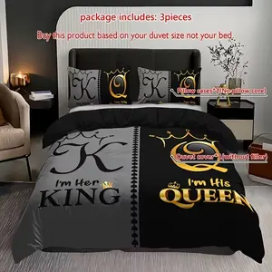 3pc Black Grey Letter Crown Decorative Bedding Set, Crown Duvet Set, including 1 duvet cover and 2 pillowcases, suitable for single beds, double beds, multiple sizes to choose from, suitable for bedrooms, dormitories, guest rooms, and hotel apartments