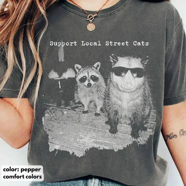 Support Local Street Cats T-Shirt - Sweatshirt - Hoodie, Funny Raccoon Skunk Possum T-Shirt, Retro Animal Lover Meme Tee, Vintage Style Comfort Colors T-Shirt