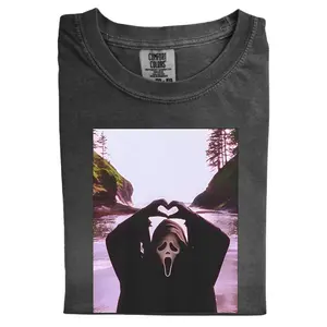Funny Ghostface Love Heart Graphic Tee, Scream Movie Vibes, Spooky Heart Gesture Shirt, Meme Horror Shirt, Unisex Menswear Womenswear Top, Halloween Streetwear