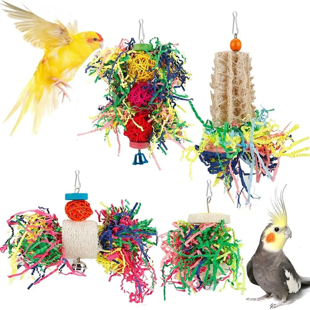 Bright Interactive Bird Foraging Shredder Hanging Toy - Handwoven Rattan & Natural Loofah Chewing Accessory, Crinkly Paper, Active Play, Small Cage Friendly, Easy Installation, Safe for Small-Medium Birds, Vibrant Colors Spark Curiosity