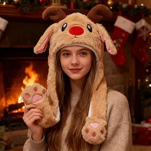 Cute Christmas Reindeer Hat with Moving Ears - Funny Plush Santa Hat, Jumping Ears for Party Cosplay