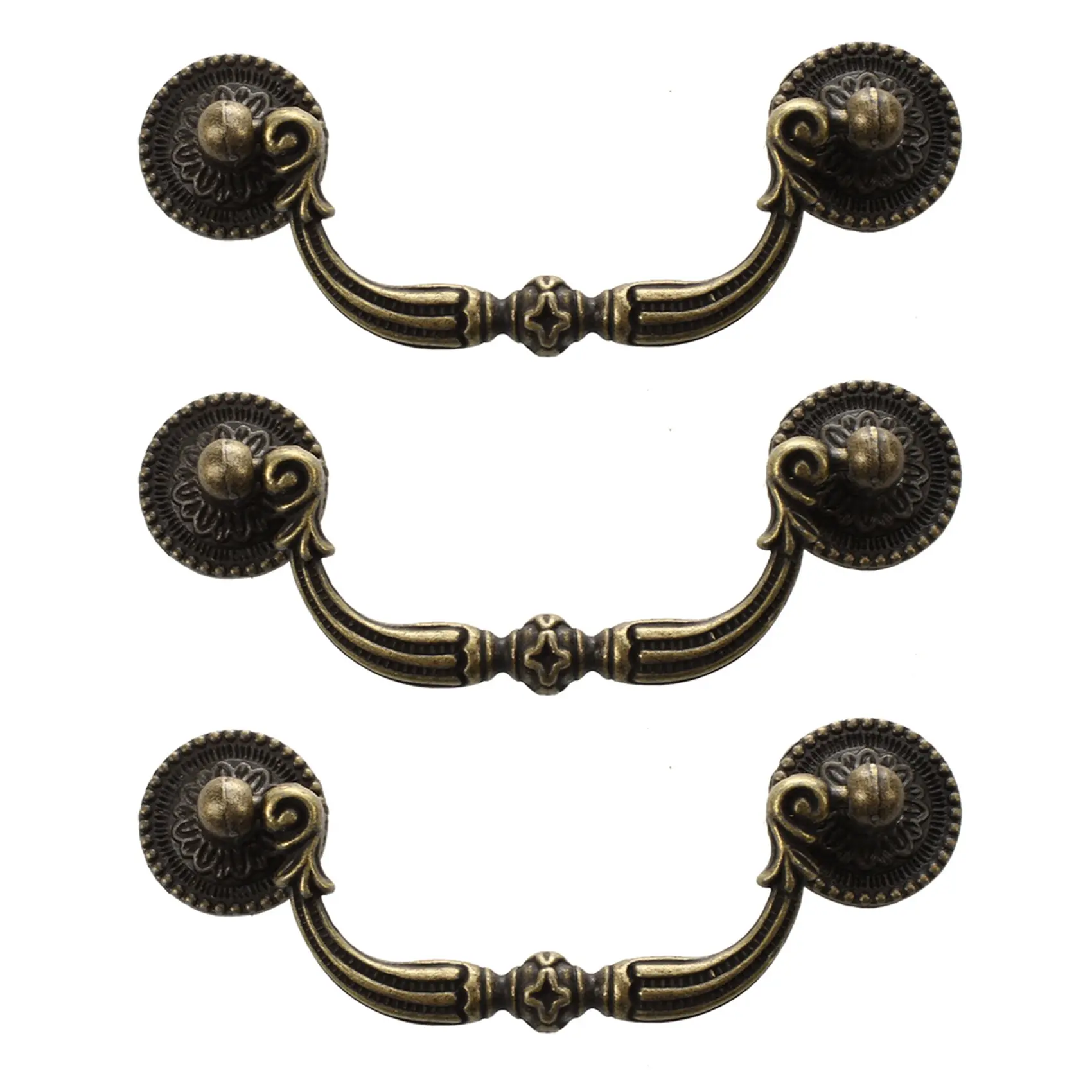 3 x Antique Brass Decorative Cabinet Door Handles, 6 x Screws Included, 3.94in-0.87in Size, Durable Household Appliance Parts for Cabinet Doors, Drawers, 0.87 Inch