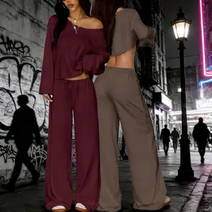 Women's 2-Piece Matching Loungewear Set Off-Shoulder Long-Sleeve Top & Drawstring Wide-Leg Pants Casual Sweatsuit for Comfort