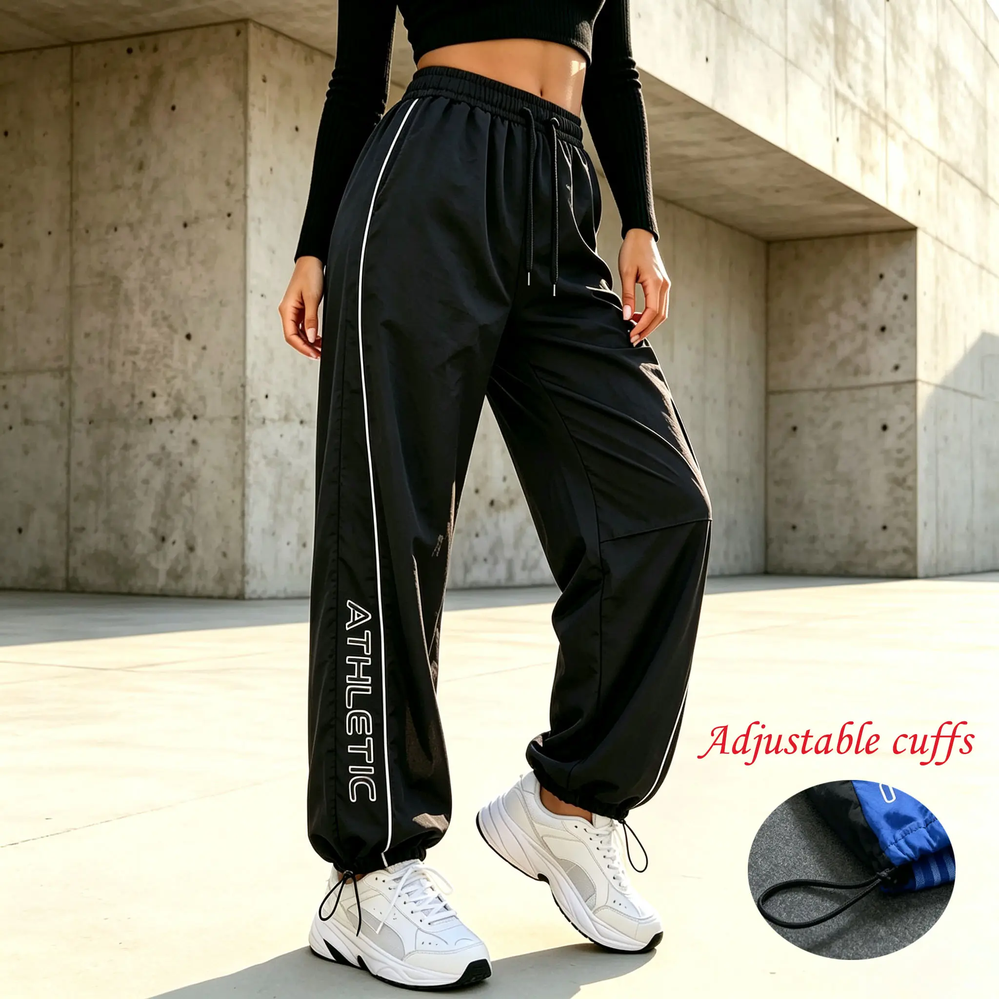 Women's Athletic Brand Adjustable Cuffs Polyester Twill Sweatpants - Black with White Side Stripes, Sporty Chic, Relaxed Fit for Running Jogging, Workout & Casual, Everyday Active, Pants For Athletes