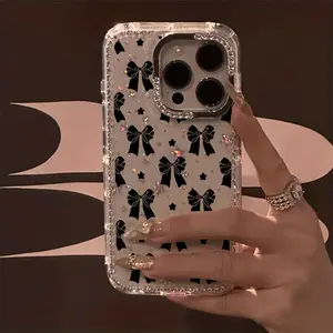 A Luxurious Black Bowknot Phone Case Adorned with Sparkling Rhinestones, Featuring a Transparent Starry Border That Offers Drop Protection. Compatible with Iphone 17 Pro Max, 17 Air, 16, 15, 14 Plus, 13, 12, And 11. Perfect As a Christmas Gift