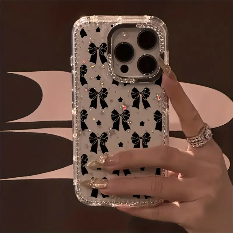 Luxurious Black Bows Rhinestone Plastic-TPU Protective Smartphone Case - Transparent Starry Border, Shockproof, Drop Protection Accessory for iPhone 11,12,13,14 Plus,15,16,17 Pro Max,17 Air, Christmas Gift Casing