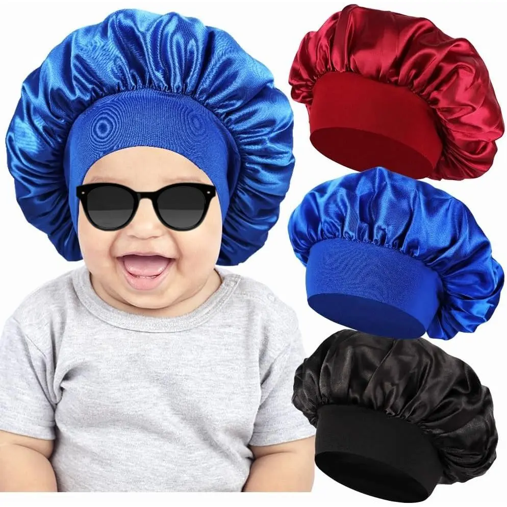 Kids' Solid Color Satin Baby Bonnets 3-Pack - Wide Band Haircare Caps for Boys & Girls, Frizz Protection, Detangling, Plus Coloring Books, Hair Growth Support, Cleansing, Face Clean, Brush Teeth Convenience, Sleeping