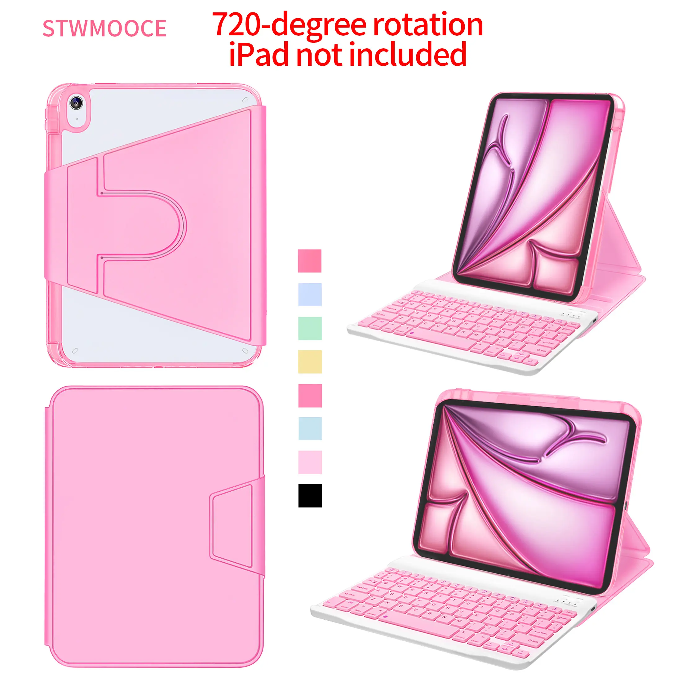 STWMOOCE 720 Rotation iPad Keyboard Case Magnetic Detachable Bluetooth Wireless Keyboard with Pencil Holder Flip Cover Tablet Case Compatible with iPad 10.2-inch 7/8/9th, 10.9-inch 10th/A16, Air 4/5, Air 11/13-inch M2/M3/M4, Pro 11/13-inch M4/M5 Cute Pink