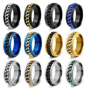 Women's Cobalt Spinel Ring Black Gold Chain Design Blue Accent Stylish Modern for Daily and Special Occasions