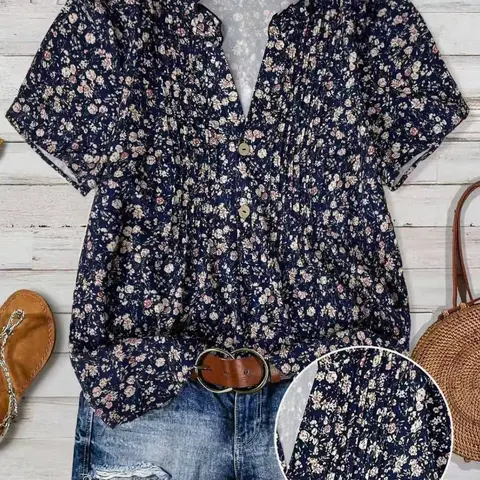 Women's Floral Short Sleeve Shirt, Boho Style Shirt, Casual Vacation Top, Front Panel Design, Comfortable and Stylish, Perfect for Relaxing Days, Boho, Bohemian, Boho Flowy Tops