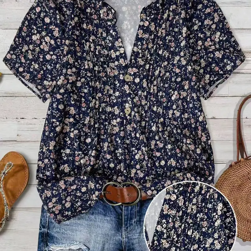 Women's Floral Short Sleeve Shirt, Boho Style Shirt, Casual Vacation Top, Front Panel Design, Comfortable and Stylish, Perfect for Relaxing Days, Boho, Bohemian, Boho Flowy Tops