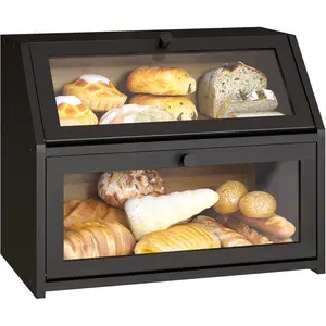 Bamboo Wood Farmhouse Bread Box for Kitchen Countertop Double Layer Extra Large Capacity Bin with Glass Door Black Food Storage Container