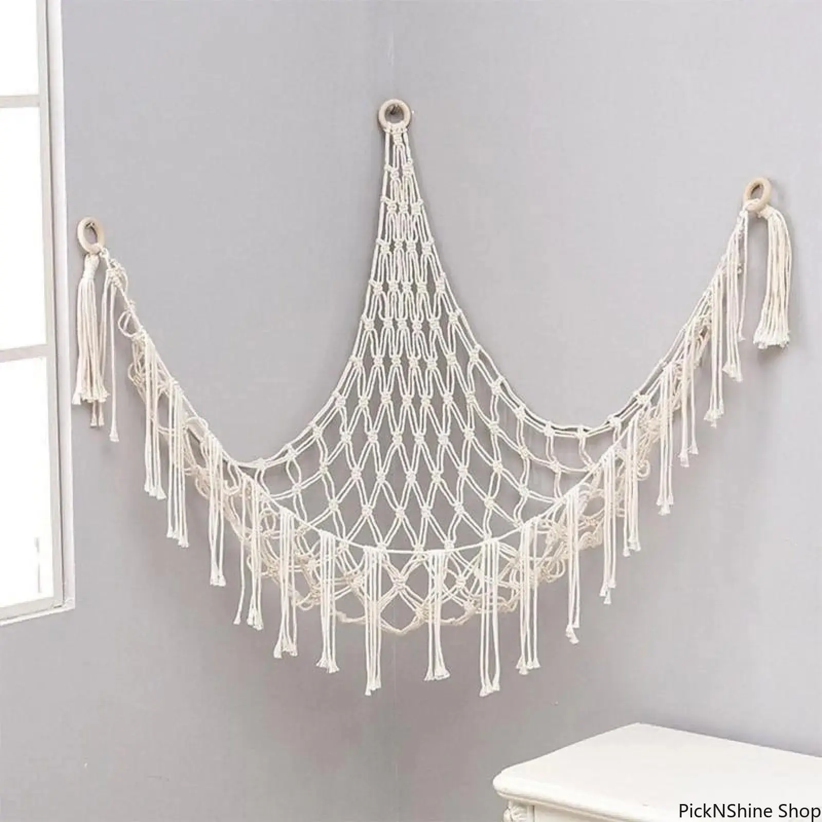 Classic Bohemian Hand-Woven Cotton Rope Toy Storage Hammock - 60in Corner Organizer, Hanging Wall Basket for Bedroom & Dorm, Bohemian Basket, Boho Room Decor, Room Storage, Home Accessory, Apartment Accessory