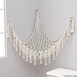 60In Hand-Woven Cotton Rope Plush Toy Storage Net, Hangable Triangle Wall-Mounted Corner Basket Organizer, Boho Room Decor Accessory for Bedroom Dorm