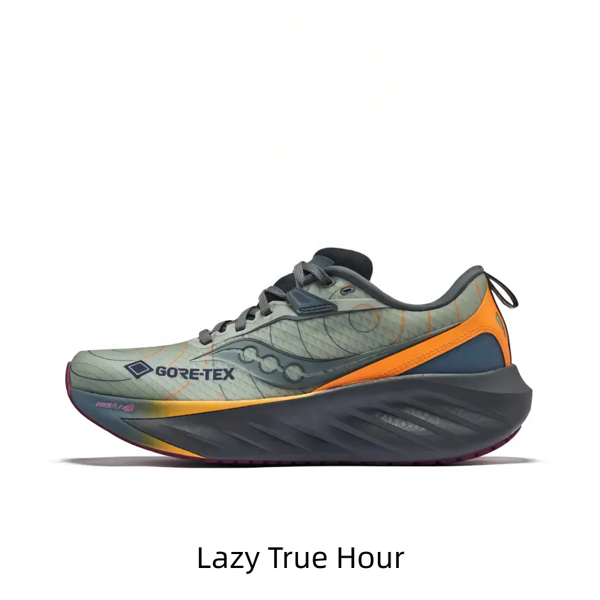 Sage Green GORE-TEX Waterproof Trail Running Sneakers with Orange Blue Contrast Trim & Dark Gray Wave Cushion Platform Midsole, Shock-Absorbing All-Weather Outdoor Training Footwear, Unisex