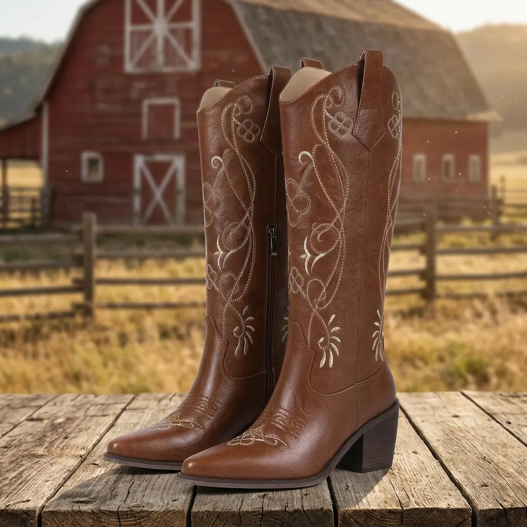 FREECHICC Women's Leather Western Wide Calf Knee-High Cowboy Boots - Slip-On, Pointed Toe, Chunky Block Heel, Classic Embroidery, Retro Casual Footwear, Rubber Sole, Basic Decor, Western OOTD, Cowboy Aesthetic - Ideal for Festival, Party - Black