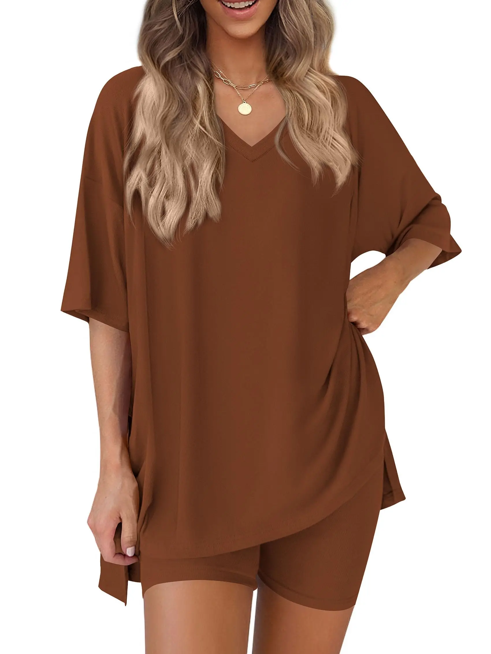 PHEFEE Women's 2-Piece Athleisure Set - Aesthetic Chic Baggy V-Neck Tunic Tee & High-Waist Bodycon Biker Shorts, Soft Spandex Light Activewear (2 Pcs Set)