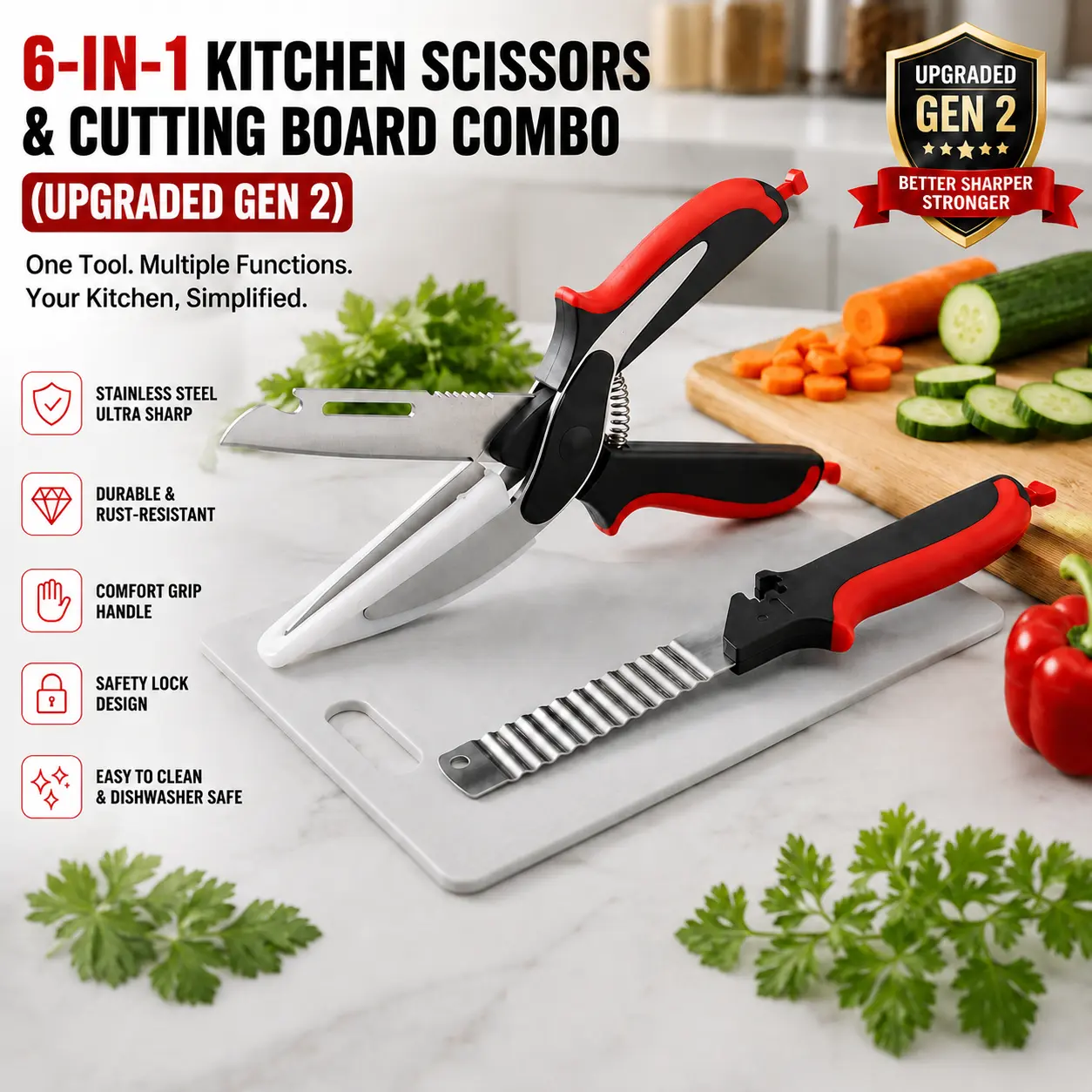 6-in-1 Kitchen Scissors & Cutting Board Combo (Upgraded Gen 2) - All-in-1 Sharp Stainless Steel Blade Tool for Meat, Vegetables - Easy-to-Use Home Supply