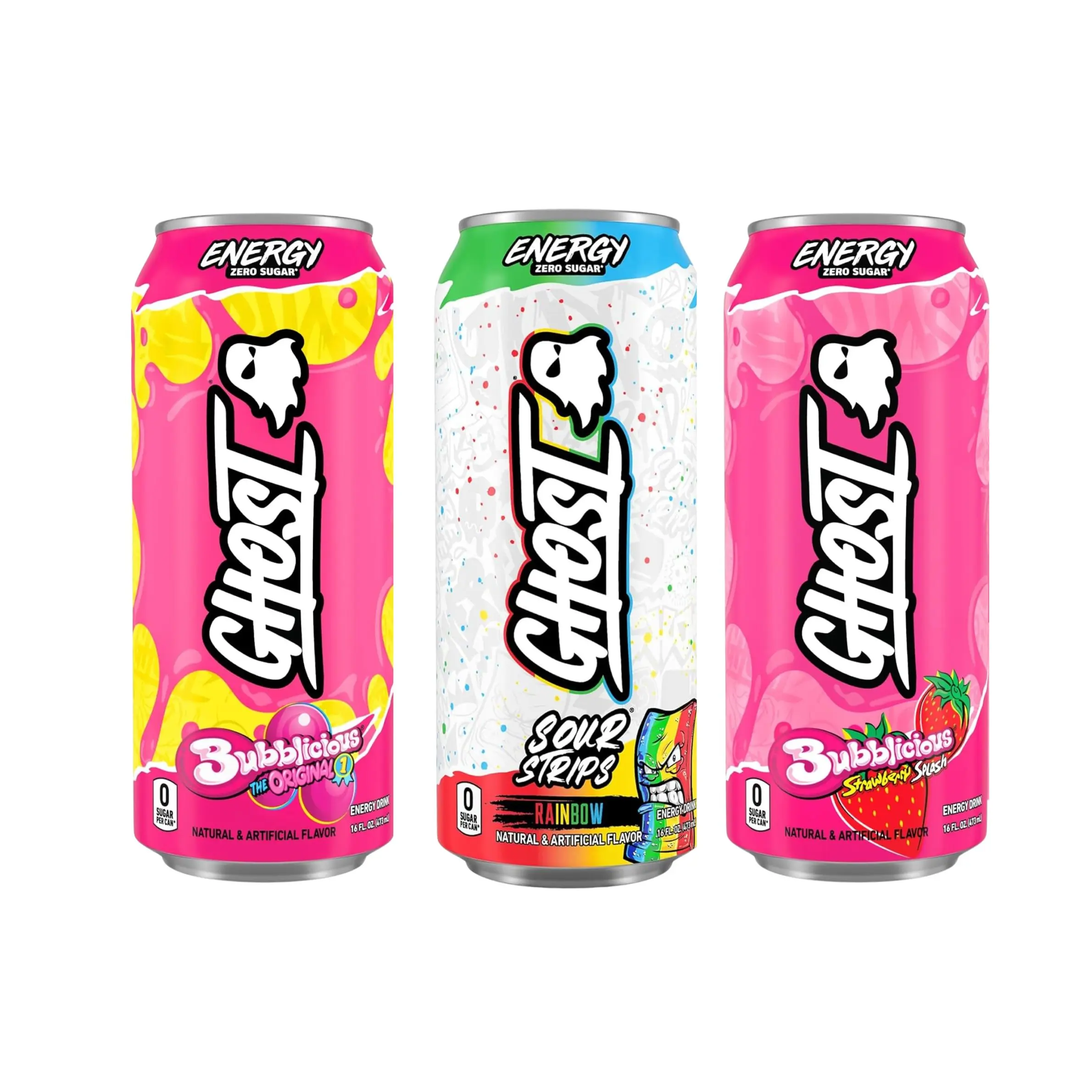 GHOST Energy Drink -Variety Pack 2 Sour Strips Rainbow, 2 Bubblicious Original, 2 Bubblicious Strawberry Splash 16oz Cans - Energy & Focus & No Artificial Colors - 200mg of Natural Caffeine, L-Carnitine & Taurine - Gluten-Free & Vegan