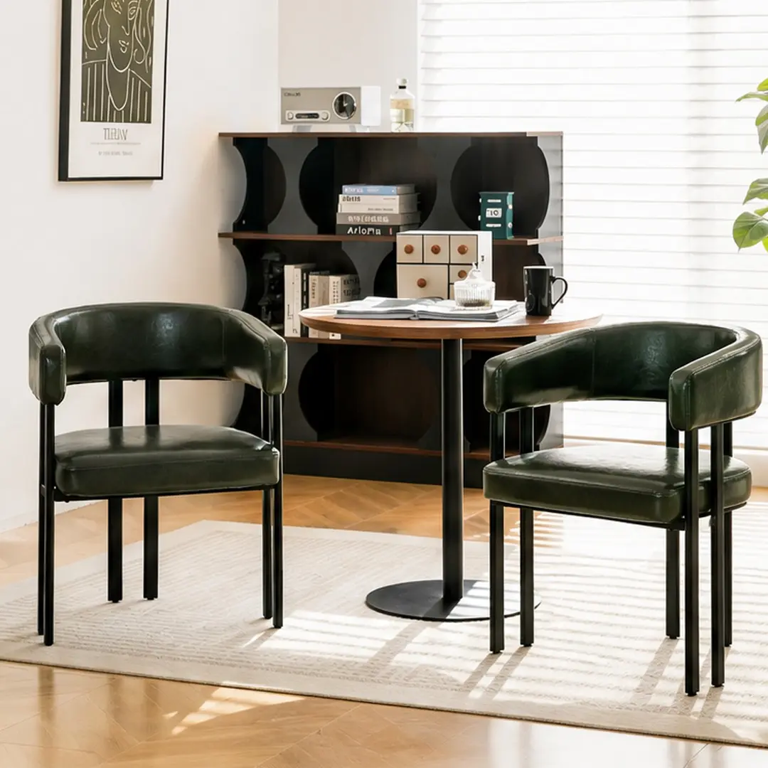 Modern Sleek Barrel Dining Armchairs Set of 2 - Faux Leather Cushioned, Curved Back, Memory Foam Seat, Padded Arms, Metal Frame, Green Indoor, 21.26"w x 23.62"d x 30.71"h, 300 lbs Load Capacity, Assembly Required for Kitchens, Cafes, Dining Chairs