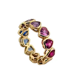 Multicolor Heart Ring 925 Sterling Silver 14k Gold Plating  Eternity Band With Colorful