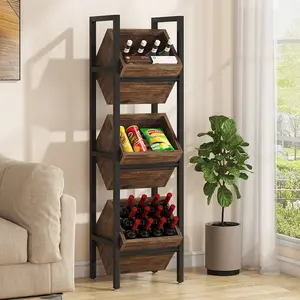 LITTLE TREE 3-Tier Basket Stand, Wooden Floor Stand Shelving Unit, Rustic Standing Organizer Storage Rack for Kitchen, Bathroom, Living Room
