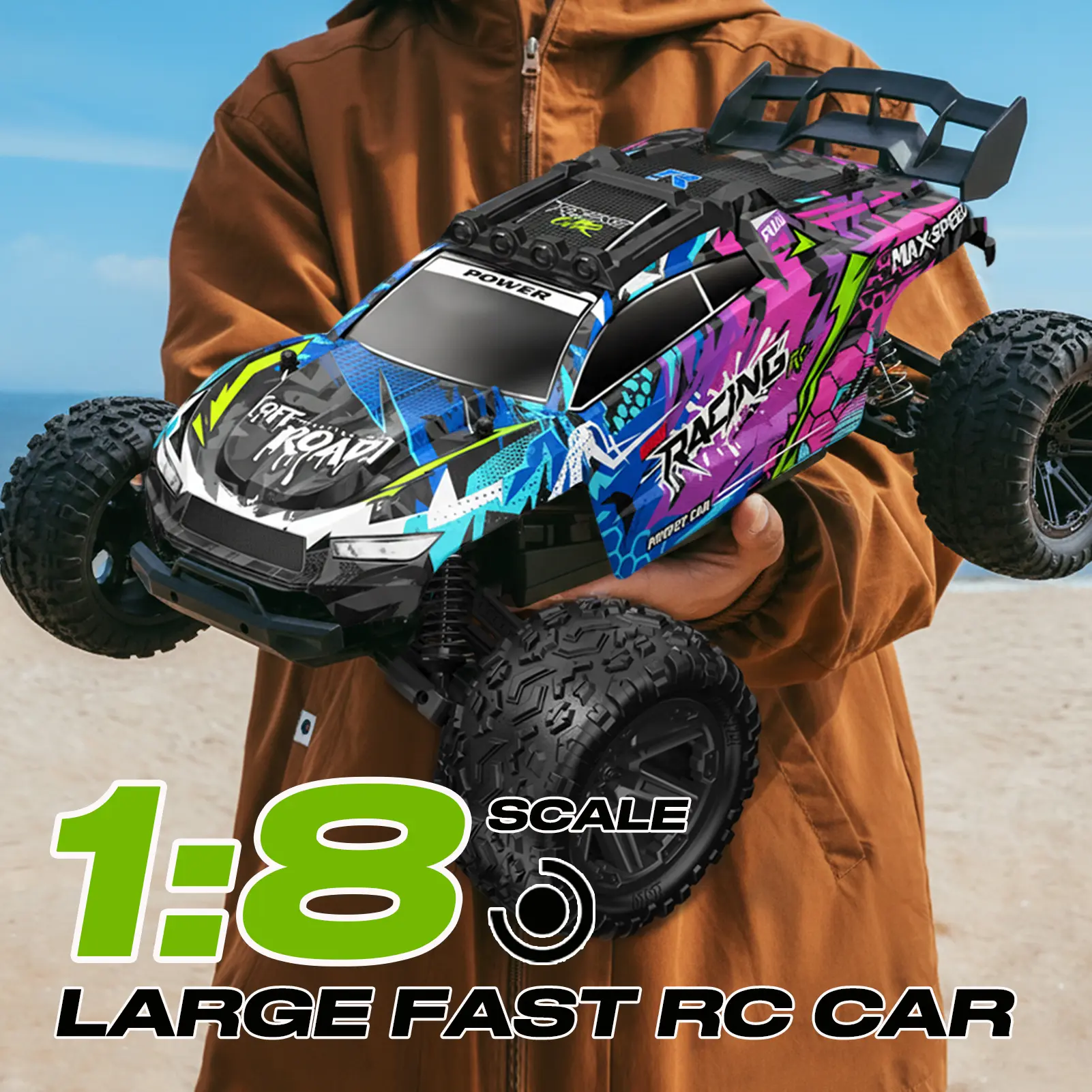 1:8 Scale High Speed Remote Control Car, 50KM/H RC550 Motor, 2.4GHz Full Proportional Control, All Terrain Off Road RC Truck with Upgraded LED Lights, Racing Vehicle for Adults Boys